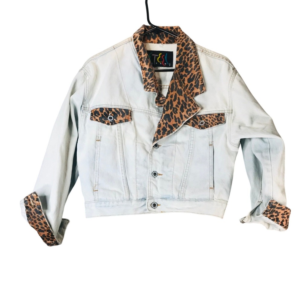 Steel Jeans 80s Vintage Denim Jacket Leopard Trim Light Wash Cropped Womens M